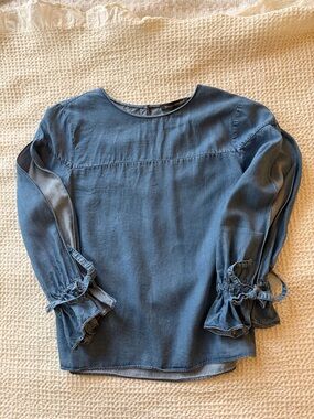 Women Banana Republic Denim-Blue Ruffle Tie Sleeve Blouse